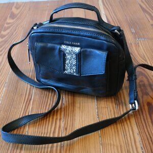 Cole Haan Black Leather Crossbody Handbag Purse w/ Faux Snakeskin Accent